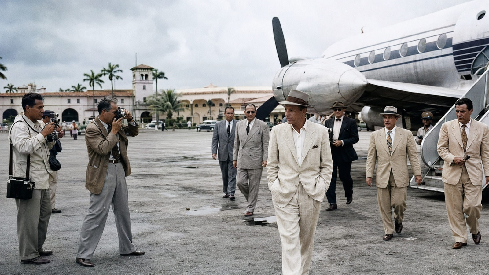 "Recriação editorial da chegada de Sinatra a Havana em 1947. Não representa uma fotografia documental do encontro."